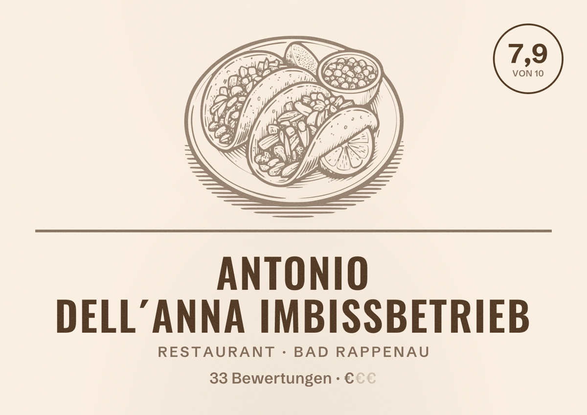 Illustriertes Poster von Antonio Dell´Anna Imbißbetrieb, Restaurant in Bad Rappenau: Bewertung 7,9 von 10 aus 33 Bewertungen, Preisniveau €