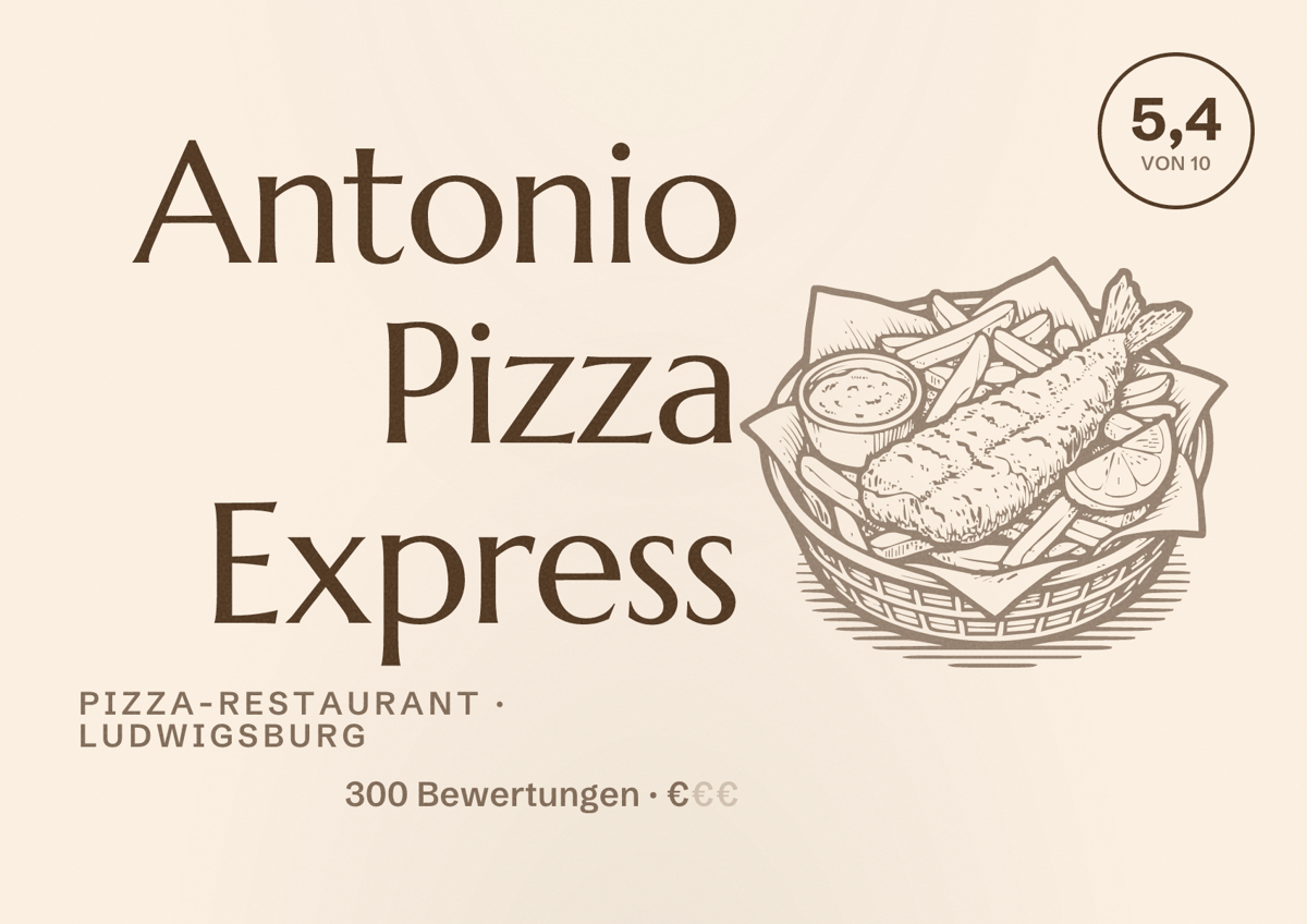 Illustriertes Poster von Antonio Pizza Express, Pizza-Restaurant in Ludwigsburg: Bewertung 5,4 von 10 aus 300 Bewertungen, Preisniveau €