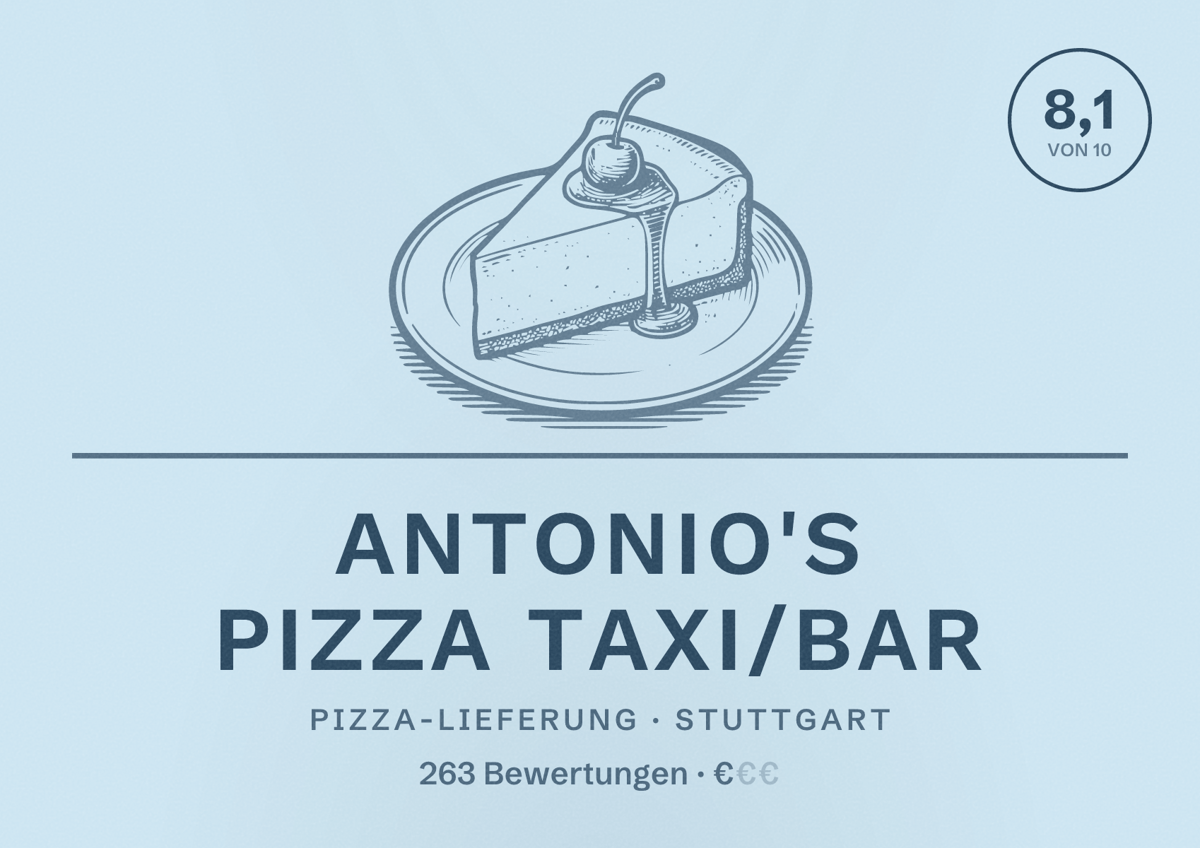 Illustriertes Poster von Antonio's Pizza Taxi/Bar, Pizza-Lieferung in Stuttgart: Bewertung 8,1 von 10 aus 263 Bewertungen, Preisniveau €