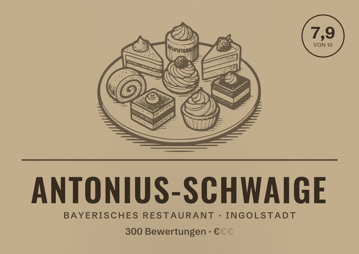 Illustriertes Poster von Antonius-Schwaige, Bayerisches Restaurant in Ingolstadt: Bewertung 7,9 von 10 aus 300 Bewertungen, Preisniveau €