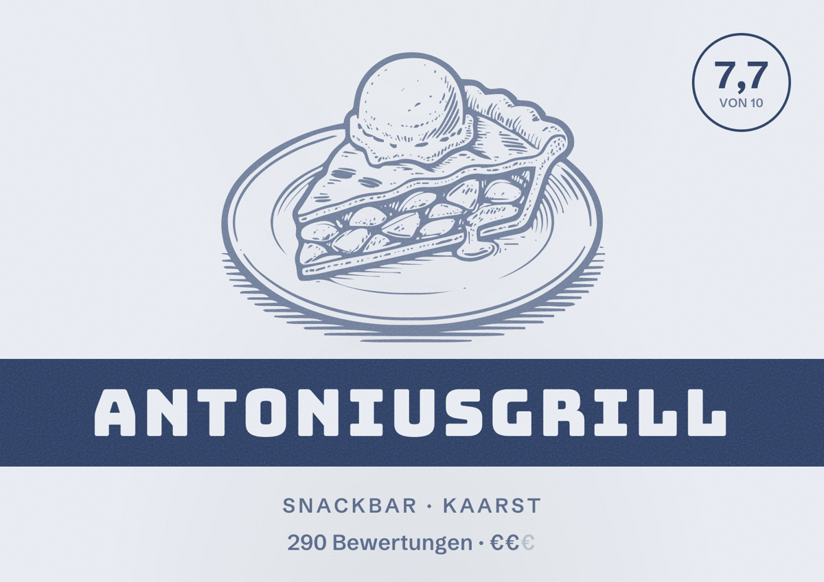 Illustriertes Poster von Antoniusgrill, Snackbar in Kaarst: Bewertung 7,7 von 10 aus 290 Bewertungen, Preisniveau €€