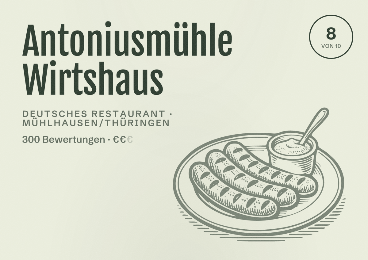 Illustriertes Poster von Antoniusmühle Wirtshaus, Deutsches Restaurant in Mühlhausen/Thüringen: Bewertung 8 von 10 aus 300 Bewertungen, Preisniveau €€
