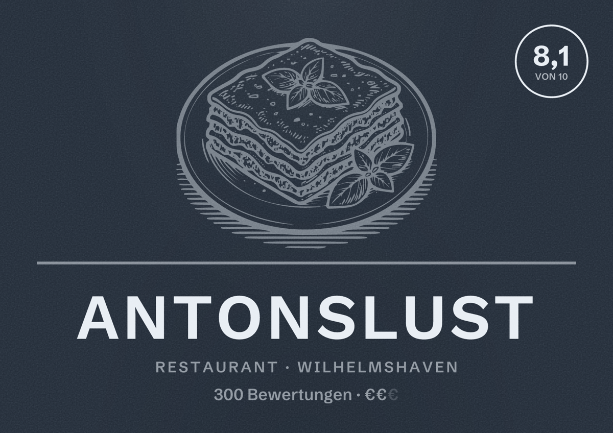 Illustriertes Poster von Antonslust, Restaurant in Wilhelmshaven: Bewertung 8,1 von 10 aus 300 Bewertungen, Preisniveau €€