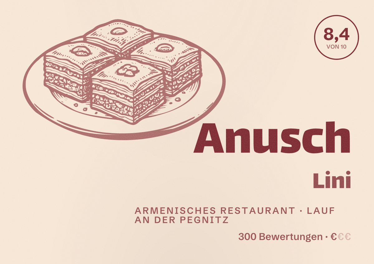 Illustriertes Poster von Anusch Lini, Armenisches Restaurant in Lauf an der Pegnitz: Bewertung 8,4 von 10 aus 300 Bewertungen, Preisniveau €