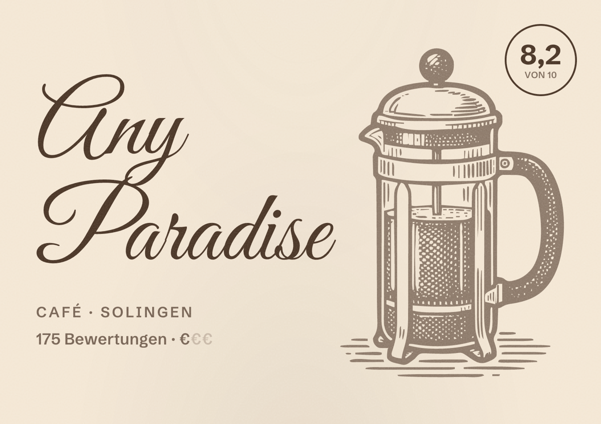 Illustriertes Poster von Any Paradise, Café in Solingen: Bewertung 8,2 von 10 aus 175 Bewertungen, Preisniveau €
