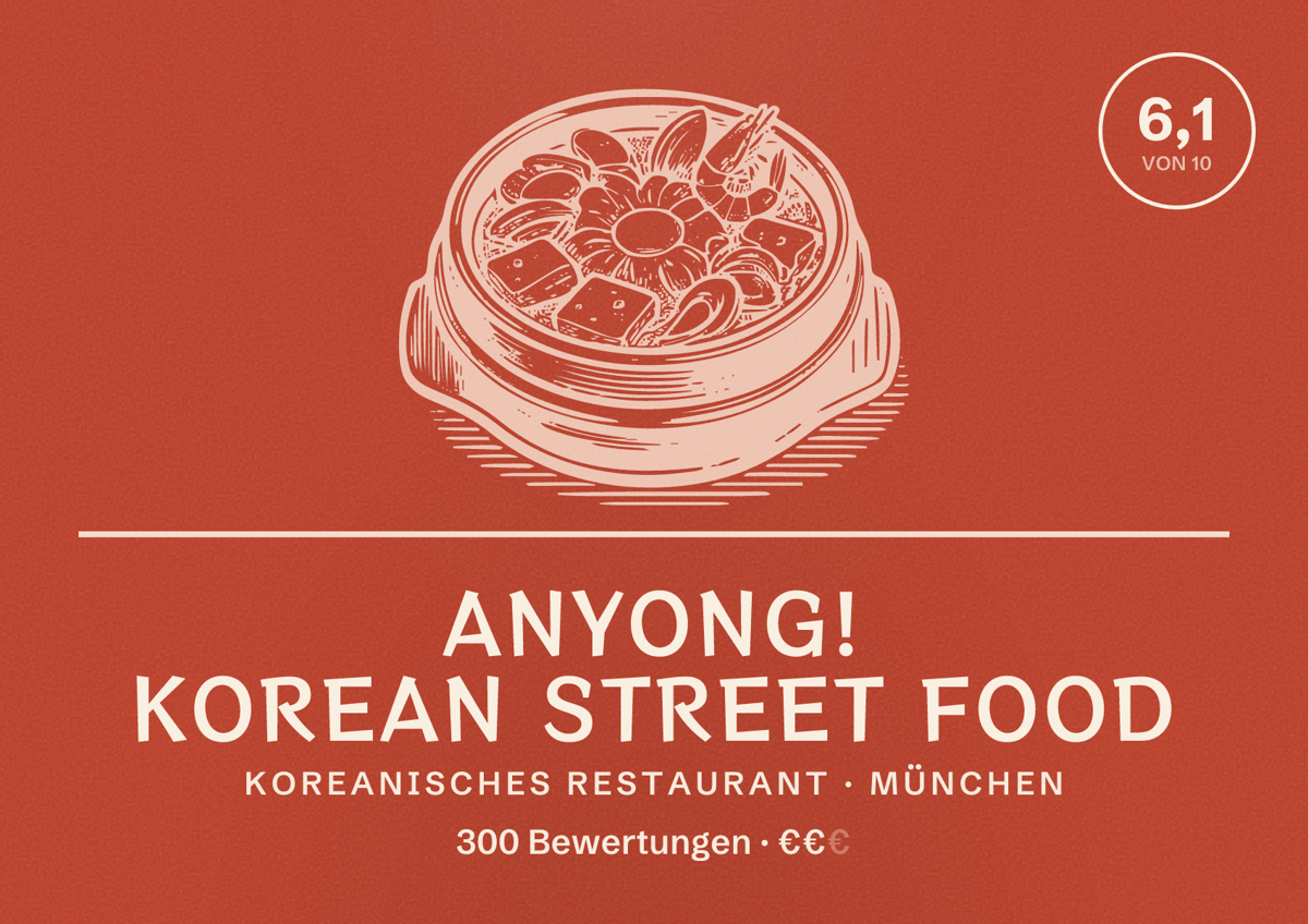 Illustriertes Poster von Anyong! Korean Street Food, Koreanisches Restaurant in München: Bewertung 6,1 von 10 aus 300 Bewertungen, Preisniveau €€