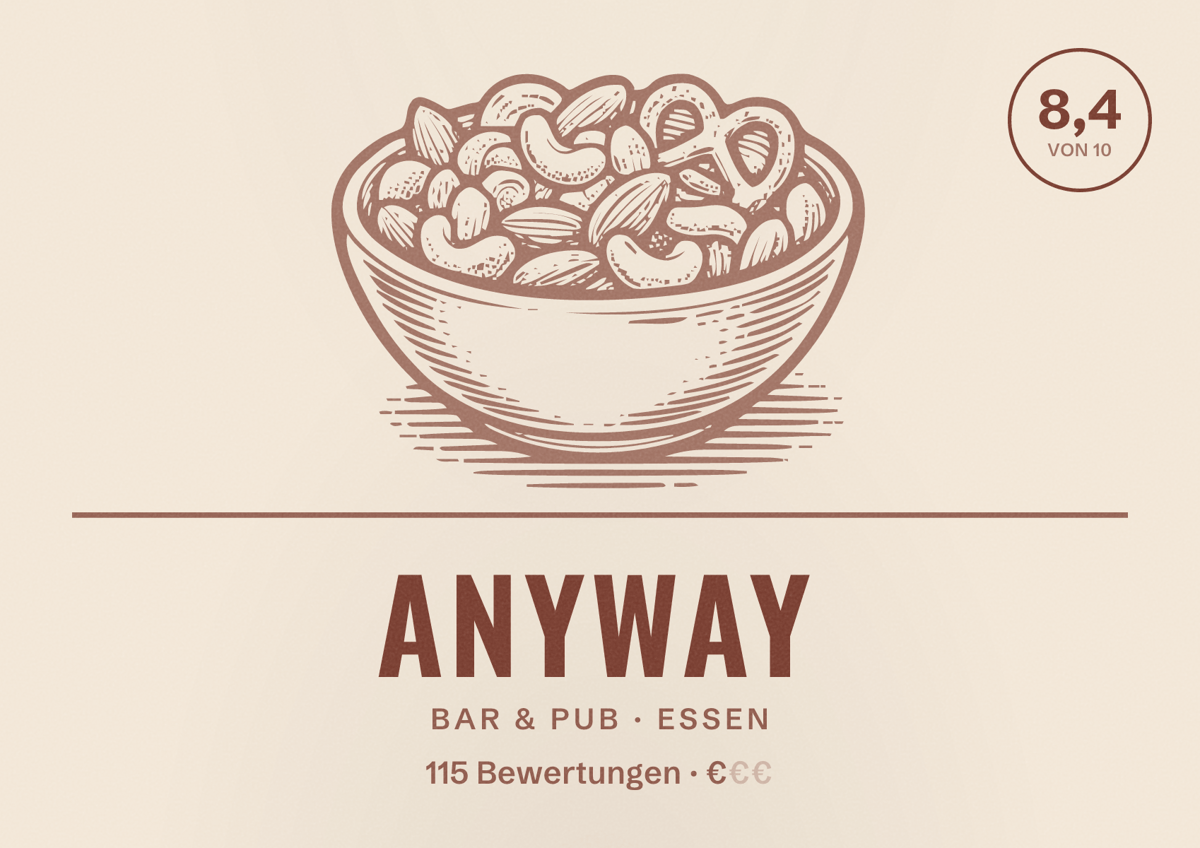 Illustriertes Poster von Anyway, Bar & Pub in Essen: Bewertung 8,4 von 10 aus 115 Bewertungen, Preisniveau €