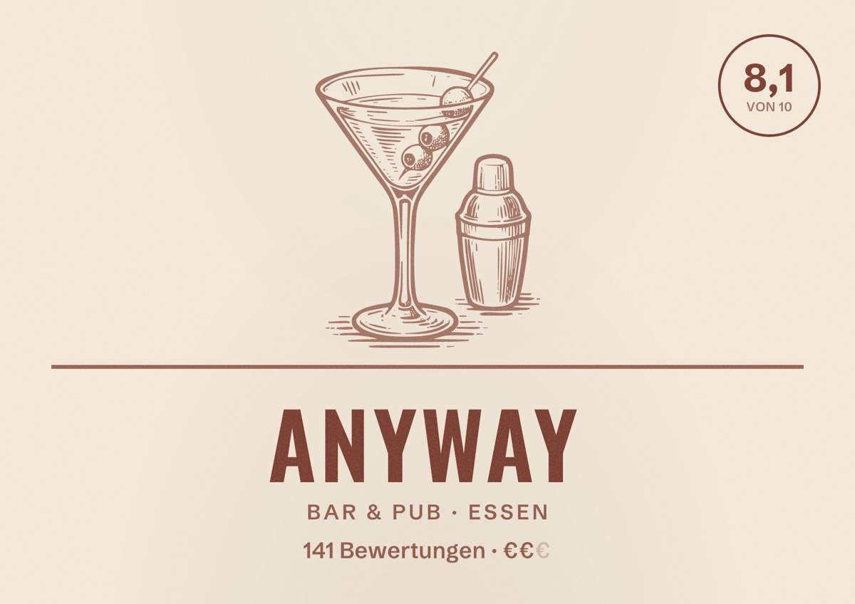 Illustriertes Poster von Anyway, Bar & Pub in Essen: Bewertung 8,1 von 10 aus 141 Bewertungen, Preisniveau €€