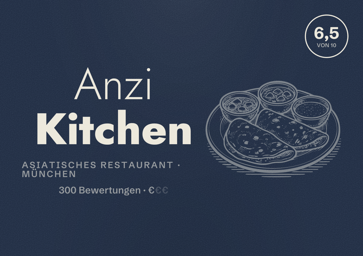 Illustriertes Poster von Anzi Kitchen, Asiatisches Restaurant in München: Bewertung 6,5 von 10 aus 300 Bewertungen, Preisniveau €
