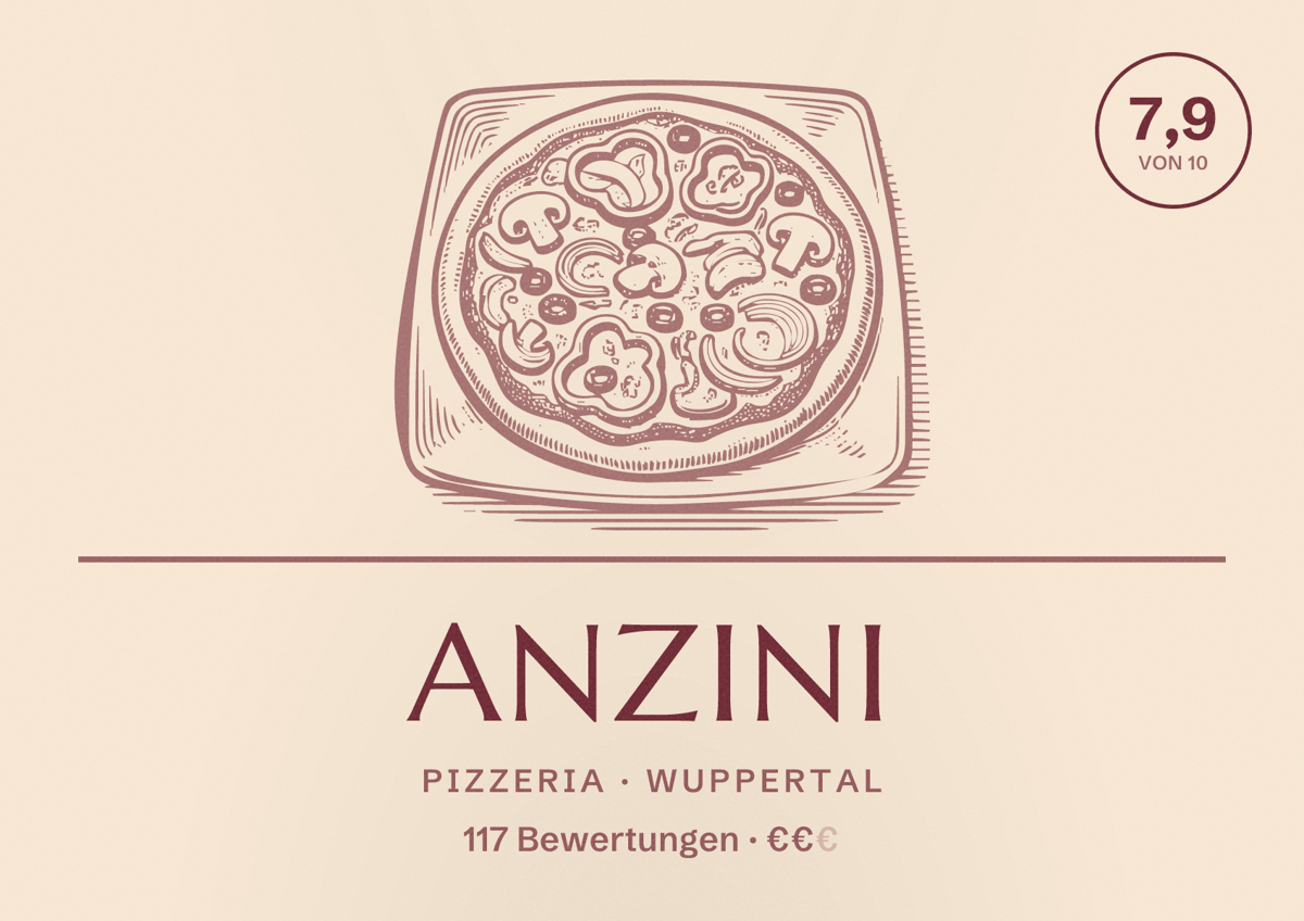 Illustriertes Poster von Anzini, Pizzeria in Wuppertal: Bewertung 7,9 von 10 aus 117 Bewertungen, Preisniveau €€