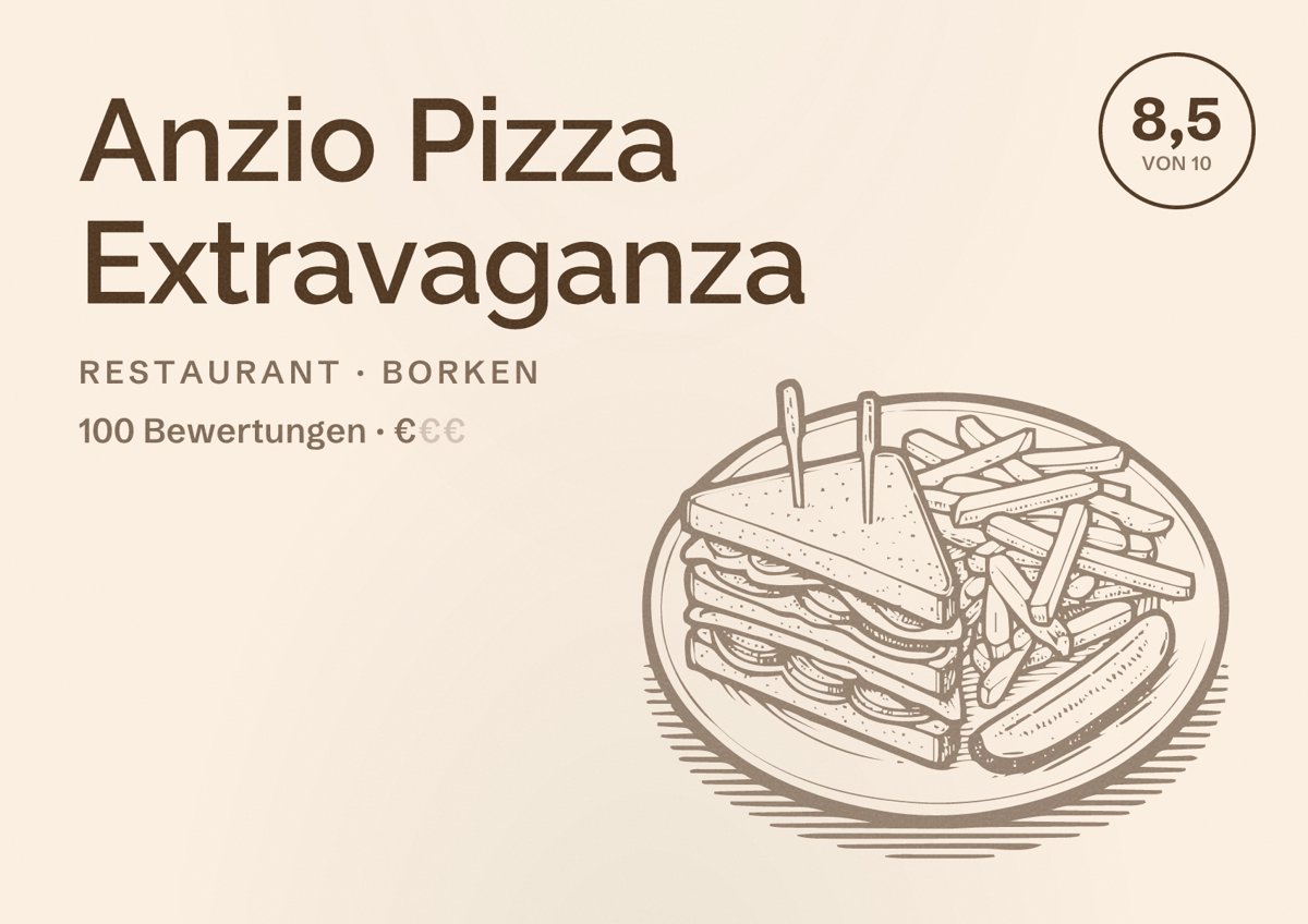 Illustriertes Poster von Anzio Pizza Extravaganza, Restaurant in Borken: Bewertung 8,5 von 10 aus 100 Bewertungen, Preisniveau €
