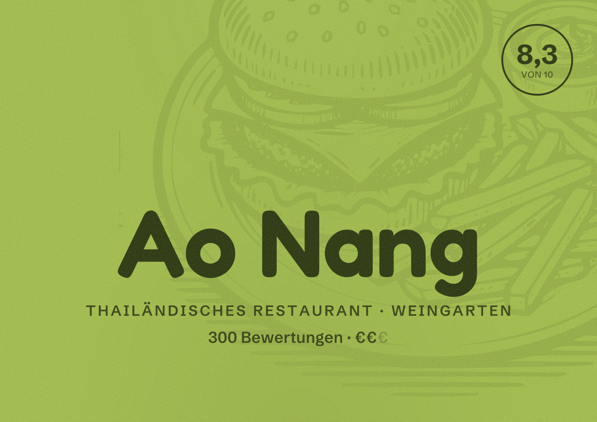Illustriertes Poster von Ao Nang, Thailändisches Restaurant in Weingarten: Bewertung 8,3 von 10 aus 300 Bewertungen, Preisniveau €€