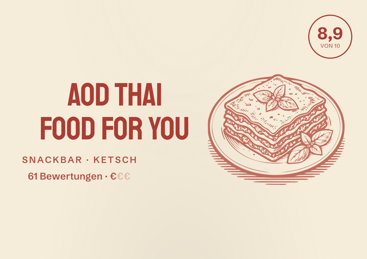 Illustriertes Poster von Aod Thai Food For You, Snackbar in Ketsch: Bewertung 8,9 von 10 aus 61 Bewertungen, Preisniveau €