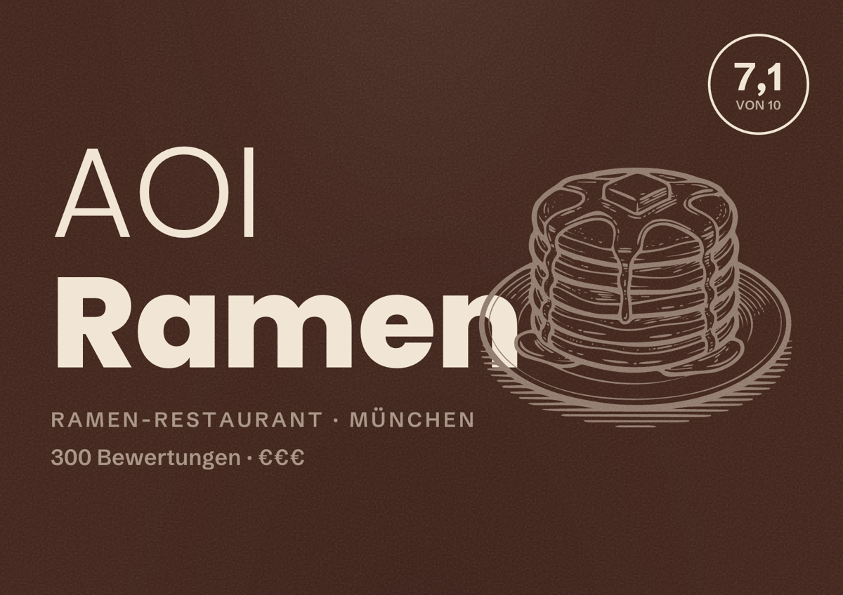 Illustriertes Poster von AOI Ramen, Ramen-Restaurant in München: Bewertung 7,1 von 10 aus 300 Bewertungen, Preisniveau €€€
