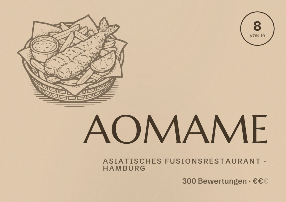 Illustriertes Poster von AOMAME, Asiatisches Fusionsrestaurant in Hamburg: Bewertung 8,0 von 10 aus 300 Bewertungen, Preisniveau €€