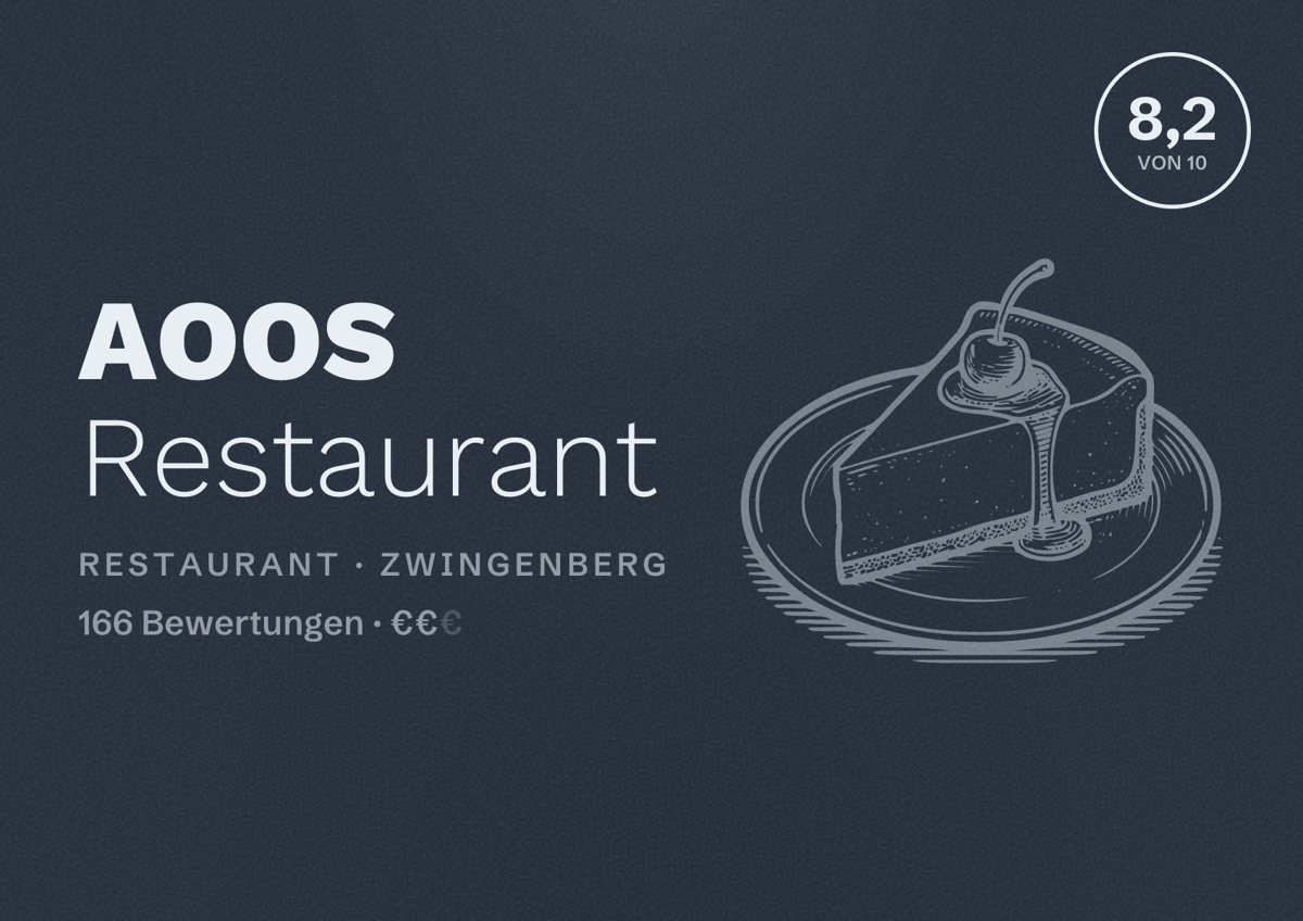 Illustriertes Poster von AOOS Restaurant, Restaurant in Zwingenberg: Bewertung 8,2 von 10 aus 166 Bewertungen, Preisniveau €€