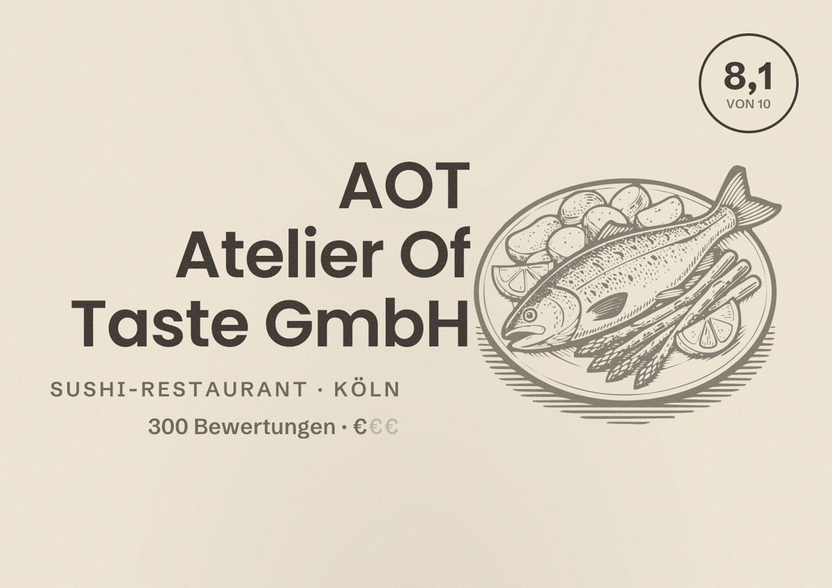 Illustriertes Poster von AOT Atelier Of Taste GmbH, Sushi-Restaurant in Köln: Bewertung 8,1 von 10 aus 300 Bewertungen, Preisniveau €