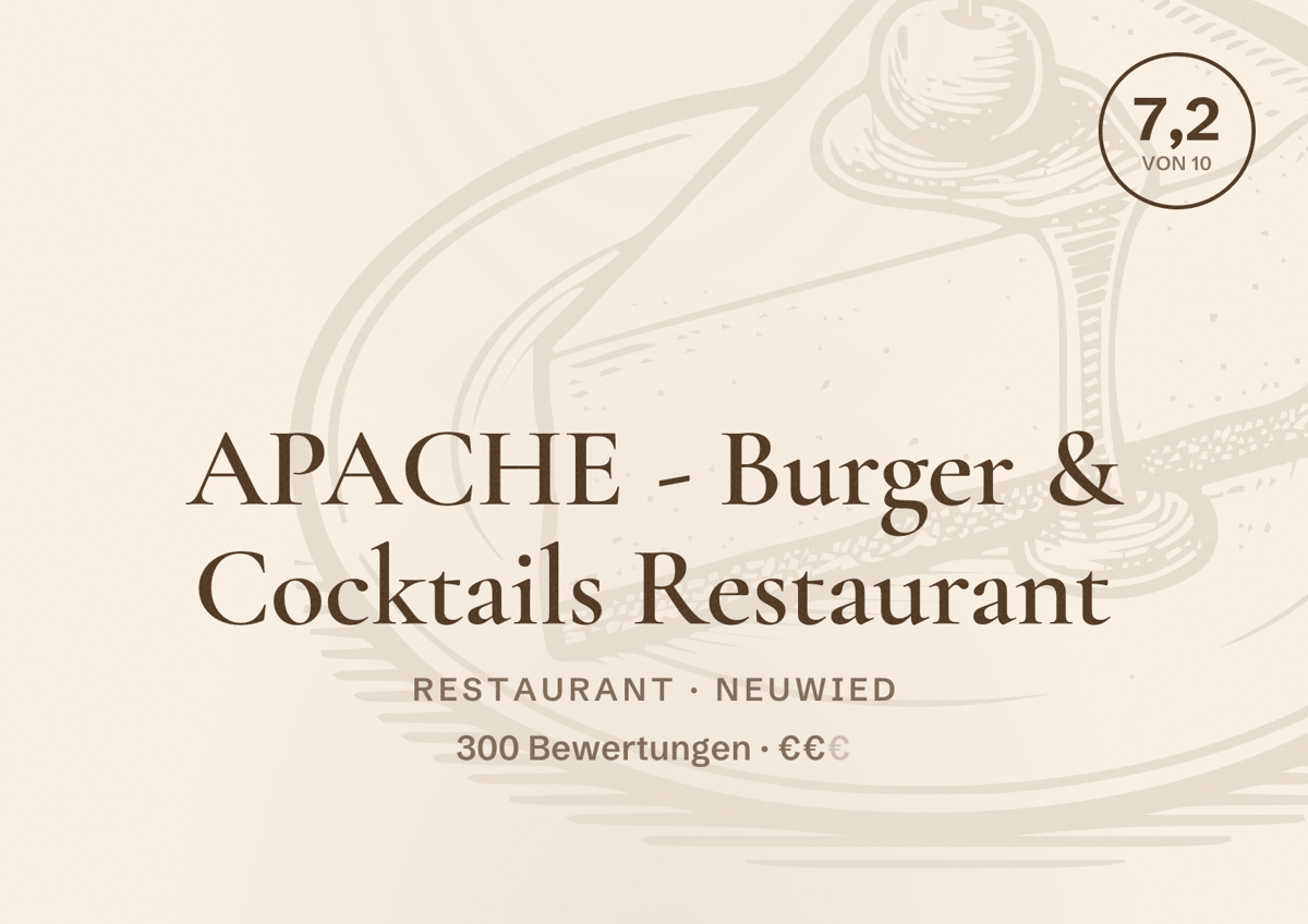 Illustriertes Poster von APACHE - Burger & Cocktails Restaurant, Restaurant in Neuwied: Bewertung 7,2 von 10 aus 300 Bewertungen, Preisniveau €€