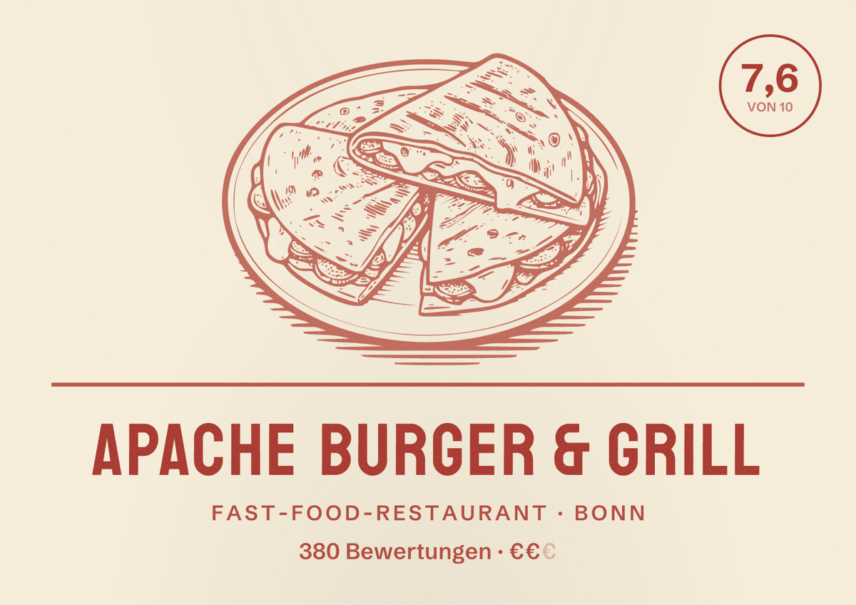 Illustriertes Poster von Apache Burger & Grill, Fast-Food-Restaurant in Bonn: Bewertung 7,6 von 10 aus 380 Bewertungen, Preisniveau €€