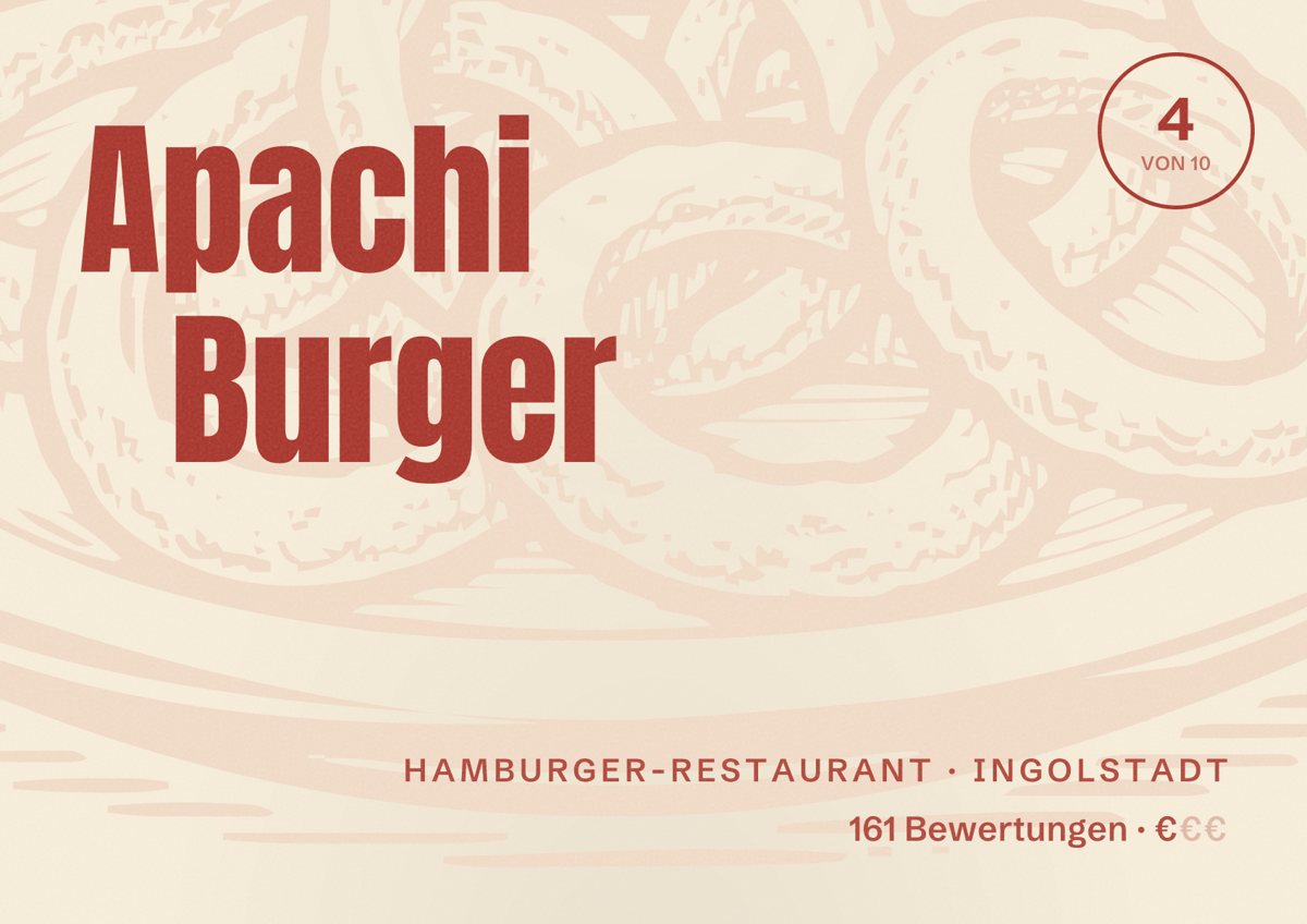 Illustriertes Poster von Apachi Burger, Hamburger-Restaurant in Ingolstadt: Bewertung 4 von 10 aus 161 Bewertungen, Preisniveau €