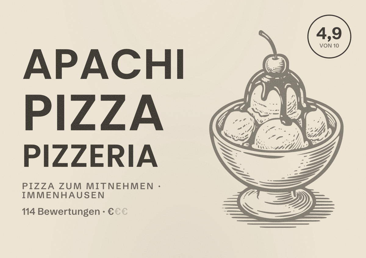 Illustriertes Poster von Apachi Pizza Pizzeria, Pizza zum Mitnehmen in Immenhausen: Bewertung 4,9 von 10 aus 114 Bewertungen, Preisniveau €