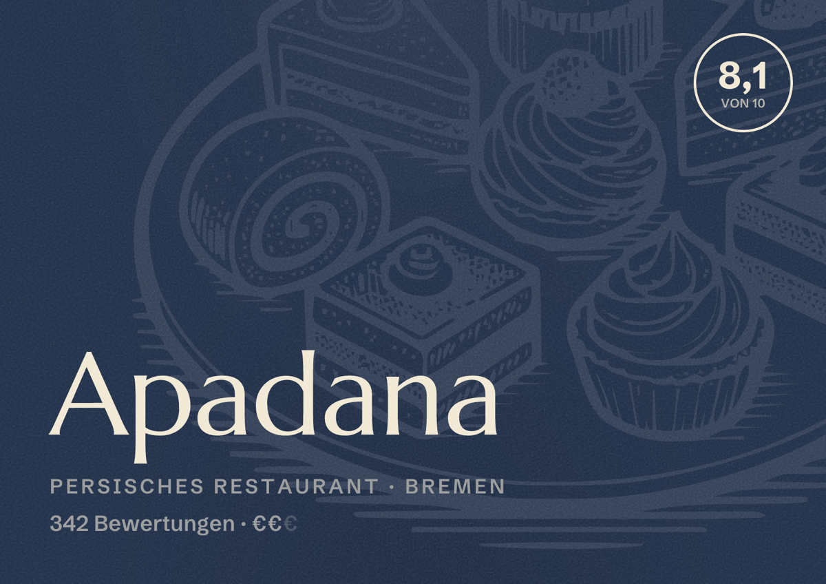 Illustriertes Poster von Apadana, Persisches Restaurant in Bremen: Bewertung 8,1 von 10 aus 342 Bewertungen, Preisniveau €€