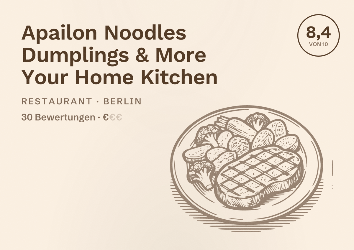 Illustriertes Poster von Apailon Noodles Dumplings & More Your Home Kitchen, Restaurant in Berlin: Bewertung 8,4 von 10 aus 30 Bewertungen, Preisniveau €
