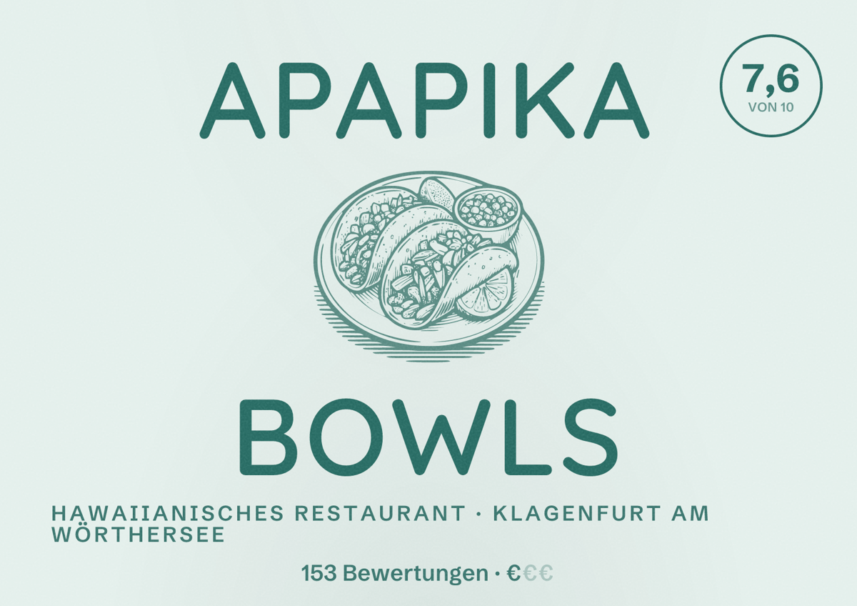 Illustriertes Poster von Apapika Bowls, Hawaiianisches Restaurant in Klagenfurt am Wörthersee: Bewertung 7,6 von 10 aus 153 Bewertungen, Preisniveau €