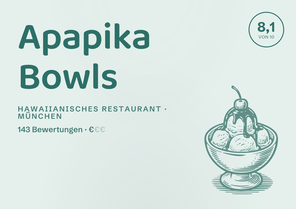 Illustriertes Poster von Apapika Bowls, Hawaiianisches Restaurant in München: Bewertung 8,1 von 10 aus 143 Bewertungen, Preisniveau €