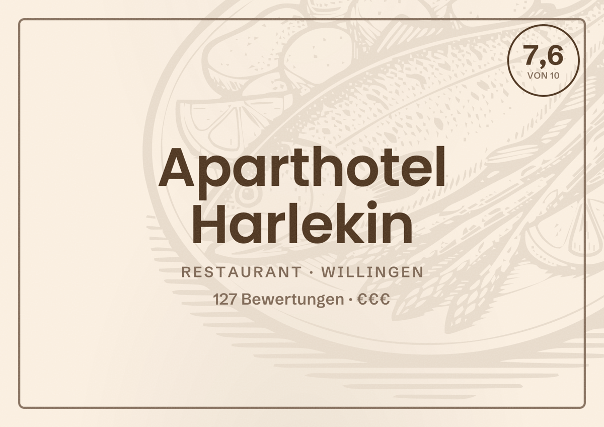Illustriertes Poster von Aparthotel Harlekin, Restaurant in Willingen: Bewertung 7,6 von 10 aus 127 Bewertungen, Preisniveau €€€