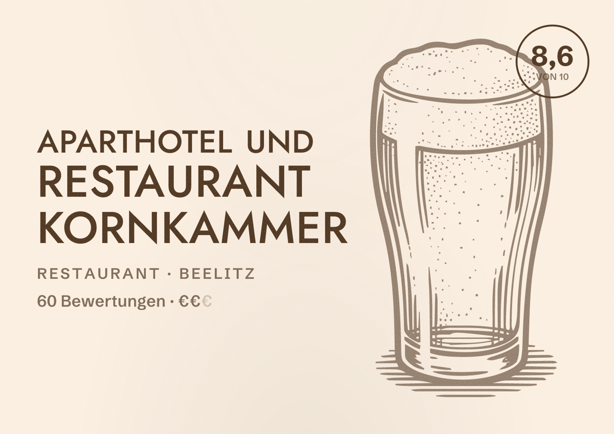 Illustriertes Poster von Aparthotel und Restaurant Kornkammer, Restaurant in Beelitz: Bewertung 8,6 von 10 aus 60 Bewertungen, Preisniveau €€