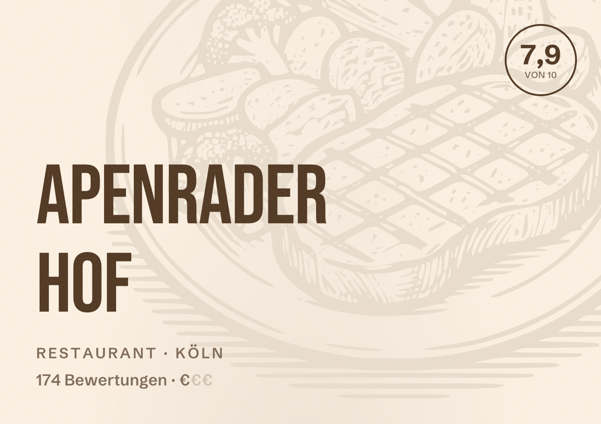 Illustriertes Poster von Apenrader Hof, Restaurant in Köln: Bewertung 7,9 von 10 aus 174 Bewertungen, Preisniveau €