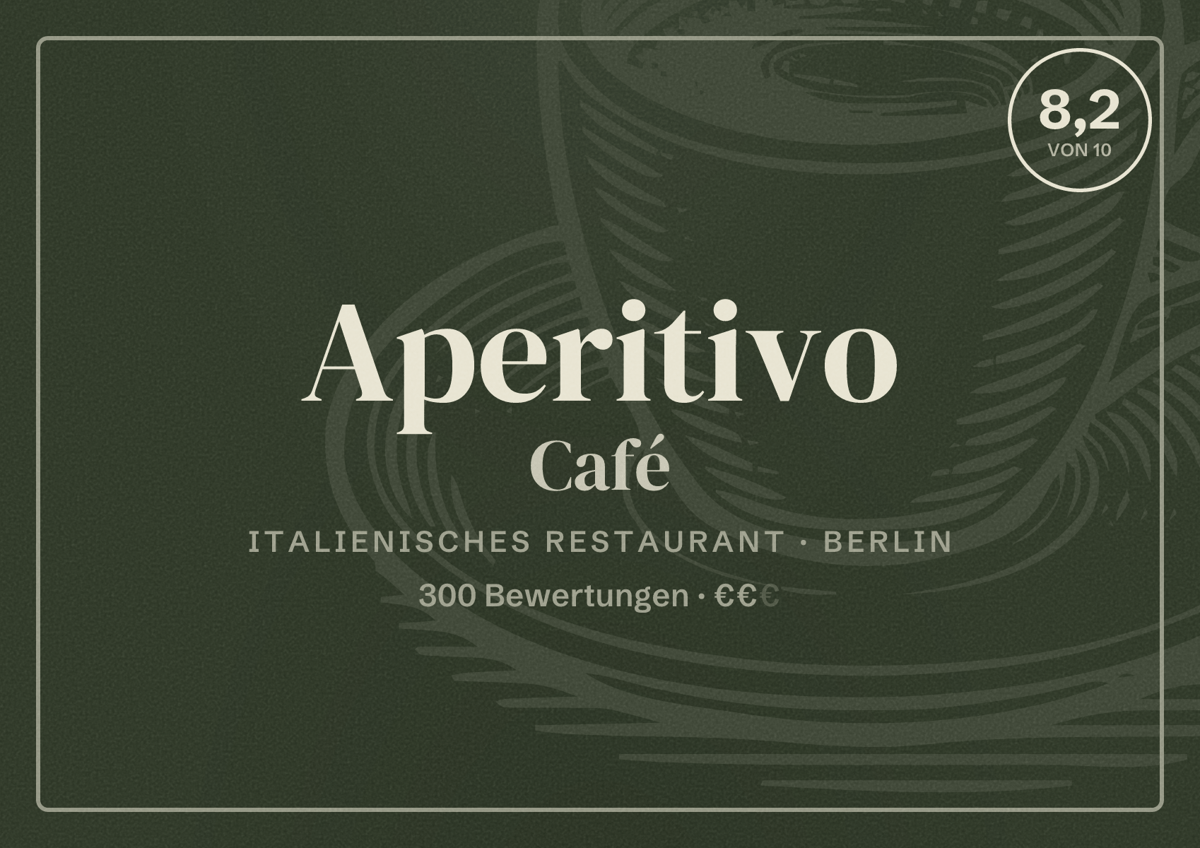 Illustriertes Poster von Aperitivo Café, Italienisches Restaurant in Berlin: Bewertung 8,2 von 10 aus 300 Bewertungen, Preisniveau €€