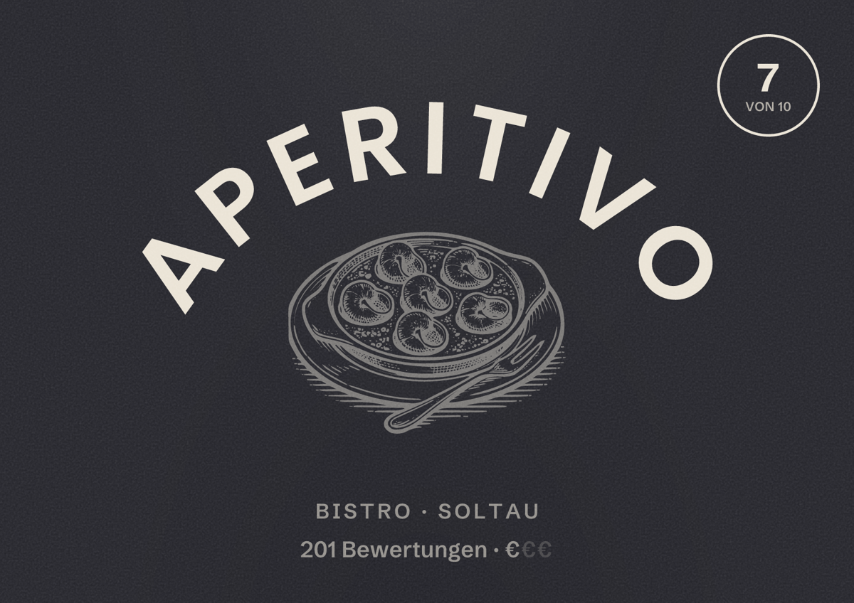 Illustriertes Poster von Aperitivo, Bistro in Soltau: Bewertung 7 von 10 aus 201 Bewertungen, Preisniveau €