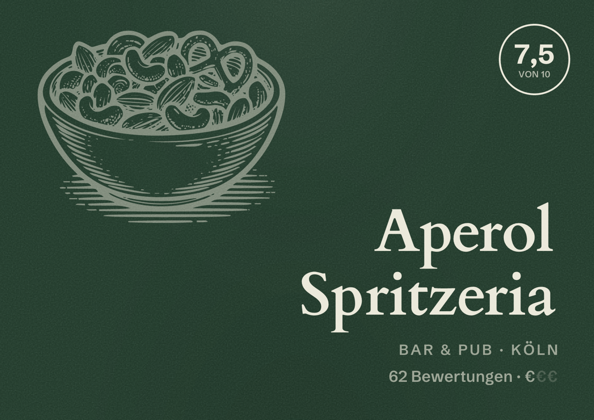 Illustriertes Poster von Aperol Spritzeria, Bar & Pub in Köln: Bewertung 7,5 von 10 aus 62 Bewertungen, Preisniveau €