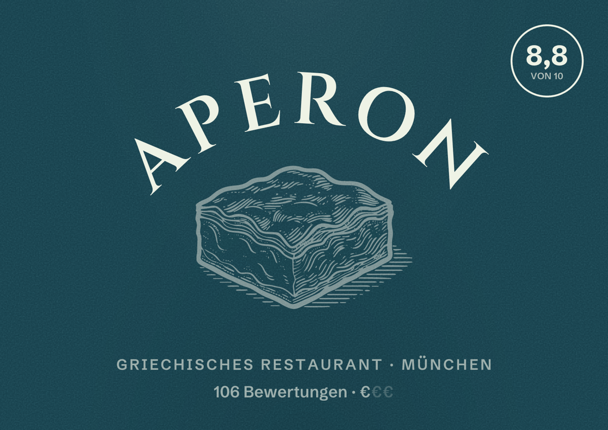 Illustriertes Poster von Aperon, Griechisches Restaurant in München: Bewertung 8,8 von 10 aus 106 Bewertungen, Preisniveau €