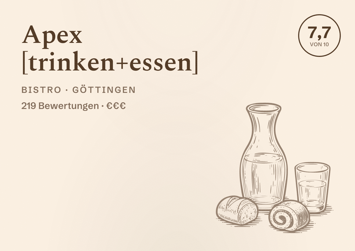 Illustriertes Poster von Apex [trinken+essen], Bistro in Göttingen: Bewertung 7,7 von 10 aus 219 Bewertungen, Preisniveau €€€