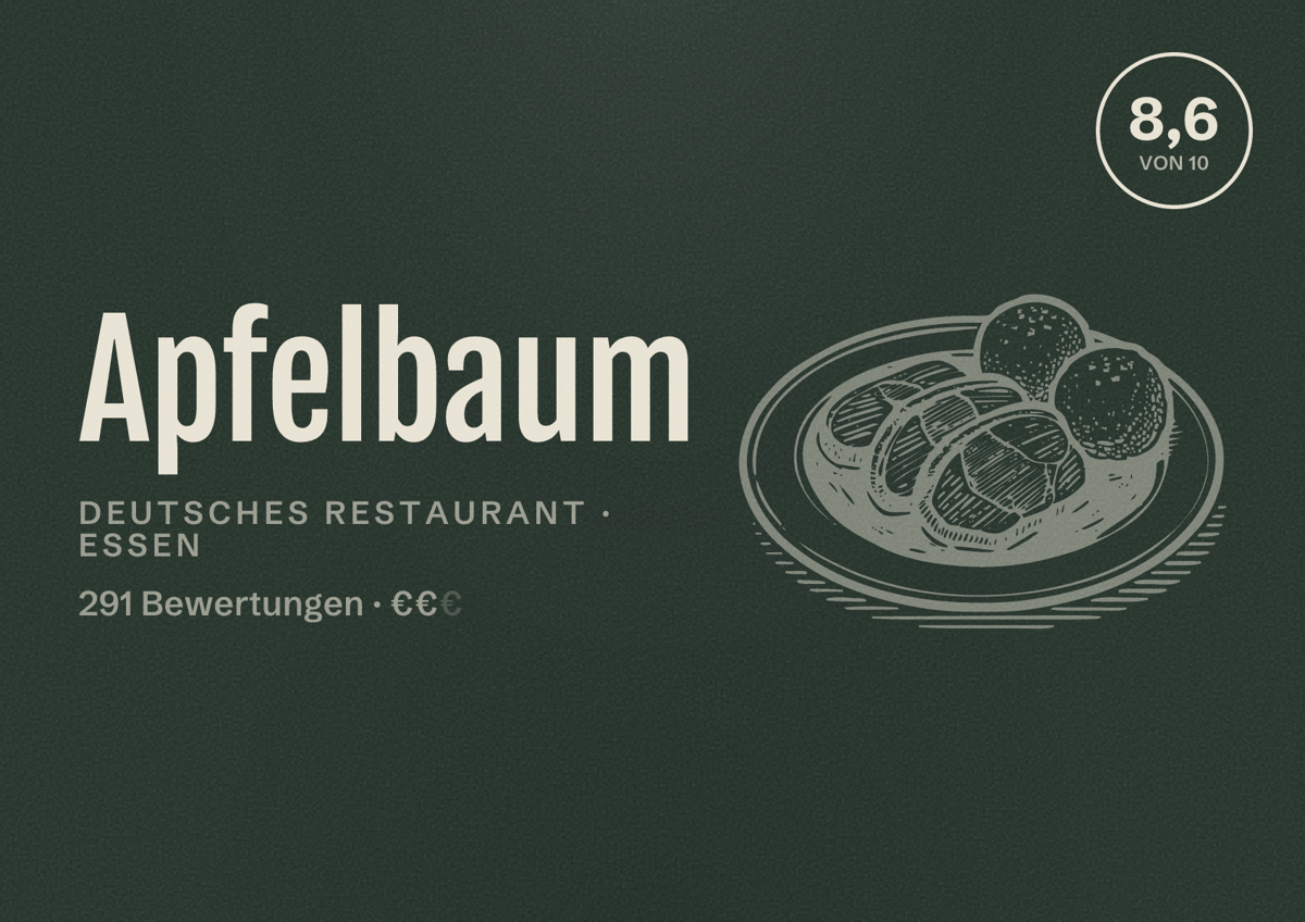 Illustriertes Poster von Apfelbaum, Deutsches Restaurant in Essen: Gästebewertung 8,6 von 10 aus 291 Bewertungen