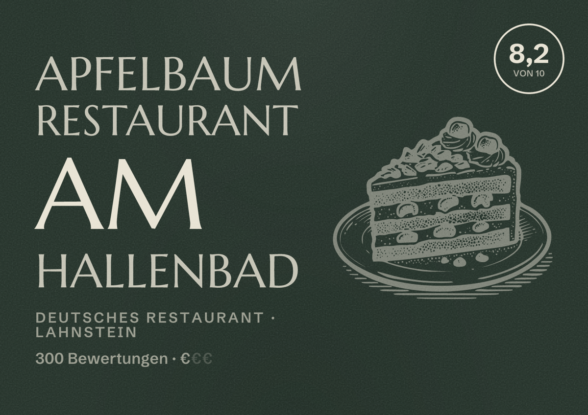 Illustriertes Poster von Apfelbaum Restaurant am Hallenbad, Deutsches Restaurant in Lahnstein: Bewertung 8,2 von 10 aus 300 Bewertungen, Preisniveau €