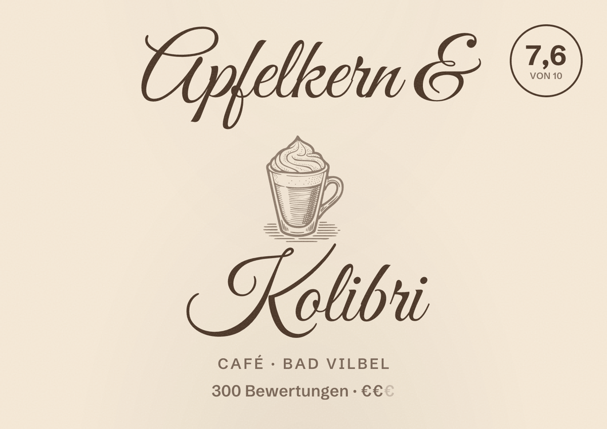 Illustriertes Poster von Apfelkern & Kolibri, Café in Bad Vilbel: Bewertung 7,6 von 10 aus 300 Bewertungen, Preisniveau €€