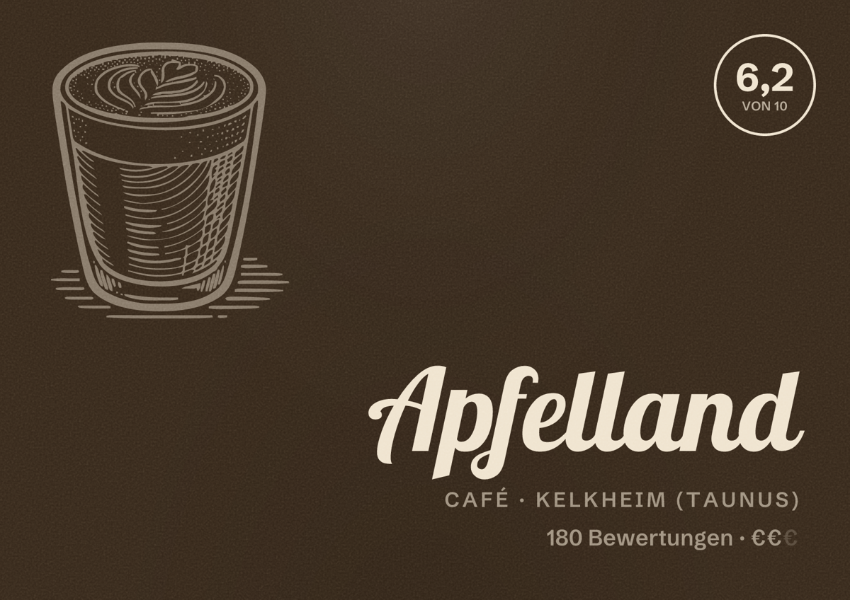Illustriertes Poster von Apfelland, Café in Kelkheim (Taunus): Bewertung 6,2 von 10 aus 180 Bewertungen, Preisniveau €€