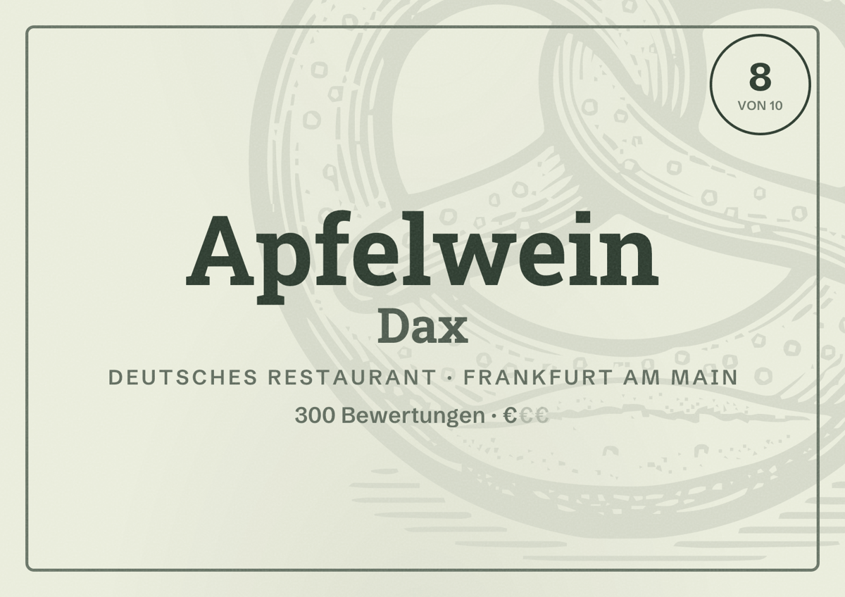 Illustriertes Poster von Apfelwein Dax, Deutsches Restaurant in Frankfurt am Main: Bewertung 8,0 von 10 aus 300 Bewertungen, Preisniveau €