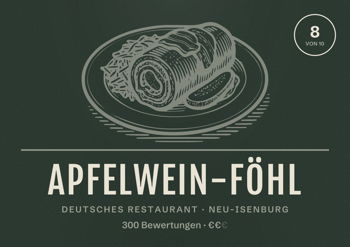 Illustriertes Poster von Apfelwein-Föhl, Deutsches Restaurant in Neu-Isenburg: Bewertung 8 von 10 aus 300 Bewertungen, Preisniveau €€