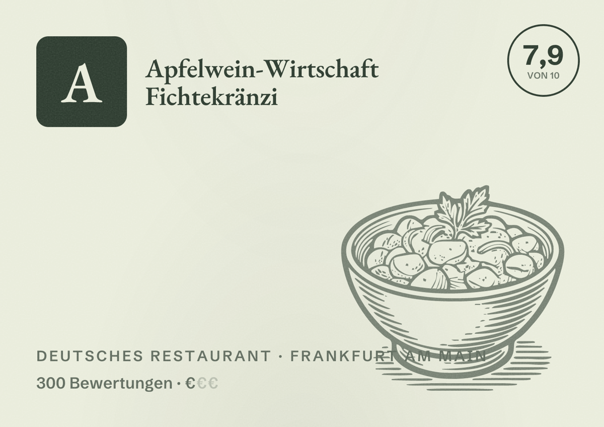 Illustriertes Poster von Apfelwein-Wirtschaft Fichtekränzi, Deutsches Restaurant in Frankfurt am Main: Bewertung 7,9 von 10 aus 300 Bewertungen, Preisniveau €