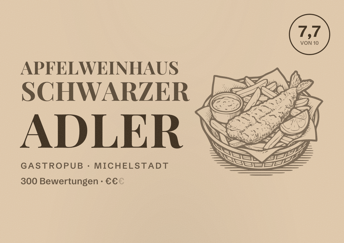 Illustriertes Poster von Apfelweinhaus Schwarzer Adler, Gastropub in Michelstadt: Bewertung 7,7 von 10 aus 300 Bewertungen, Preisniveau €€