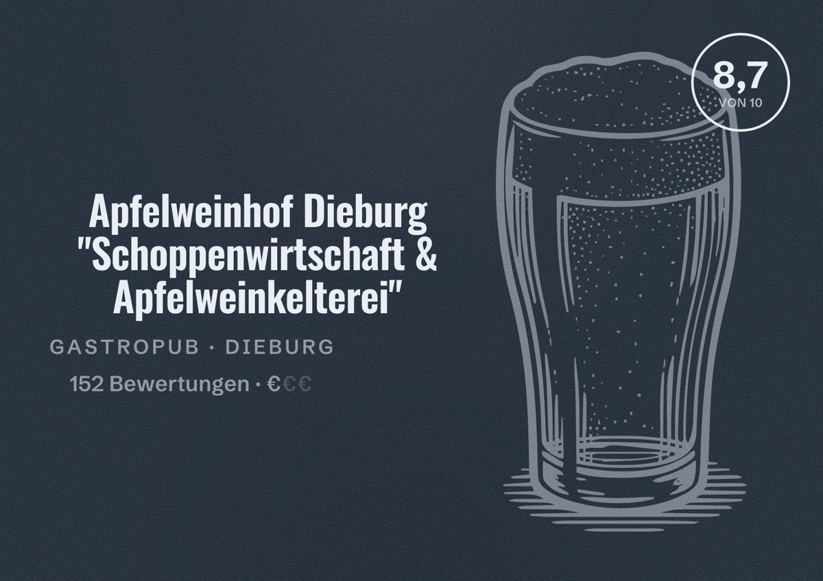 Illustriertes Poster von Apfelweinhof Dieburg "Schoppenwirtschaft & Apfelweinkelterei", Gastropub in Dieburg: Bewertung 8,7 von 10 aus 152 Bewertungen, Preisniveau €
