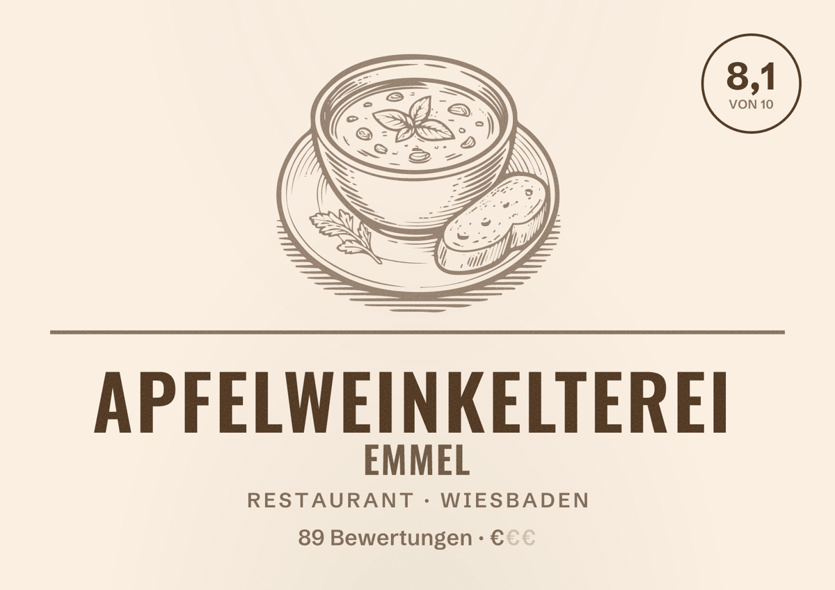 Illustriertes Poster von Apfelweinkelterei Emmel, Restaurant in Wiesbaden: Bewertung 8,1 von 10 aus 89 Bewertungen, Preisniveau €
