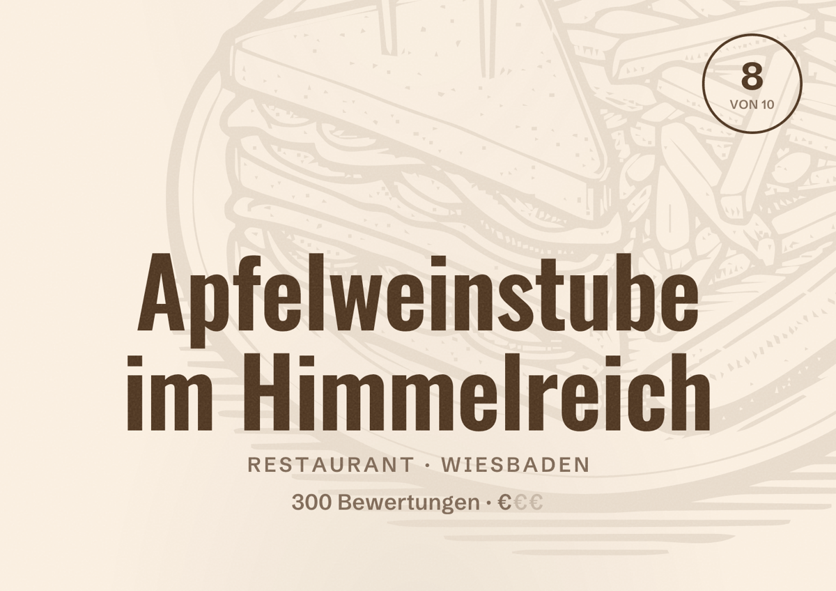 Illustriertes Poster von Apfelweinstube im Himmelreich, Restaurant in Wiesbaden: Bewertung 8,0 von 10 aus 300 Bewertungen, Preisniveau €