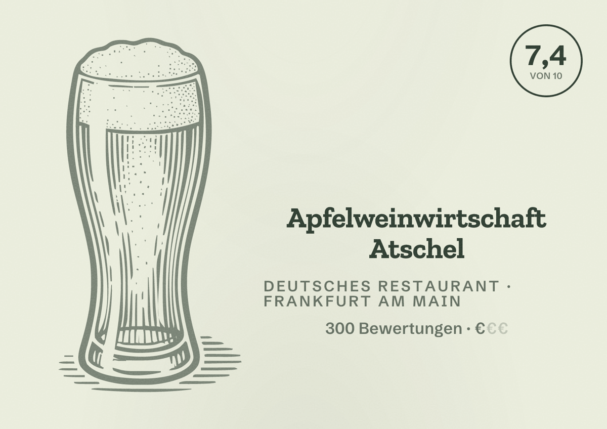 Illustriertes Poster von Apfelweinwirtschaft Atschel, Deutsches Restaurant in Frankfurt am Main: Bewertung 7,4 von 10 aus 300 Bewertungen, Preisniveau €