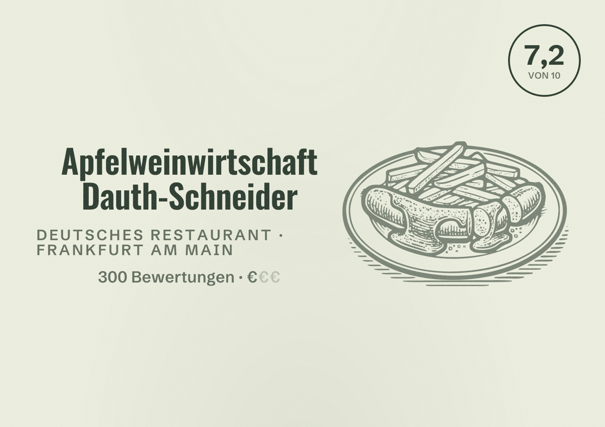Illustriertes Poster von Apfelweinwirtschaft Dauth-Schneider, Deutsches Restaurant in Frankfurt am Main: Bewertung 7,2 von 10 aus 300 Bewertungen, Preisniveau €